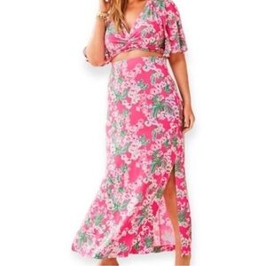 Lilly Pulitzer Pink and Orange Wrap Maxi Skirt with Slit